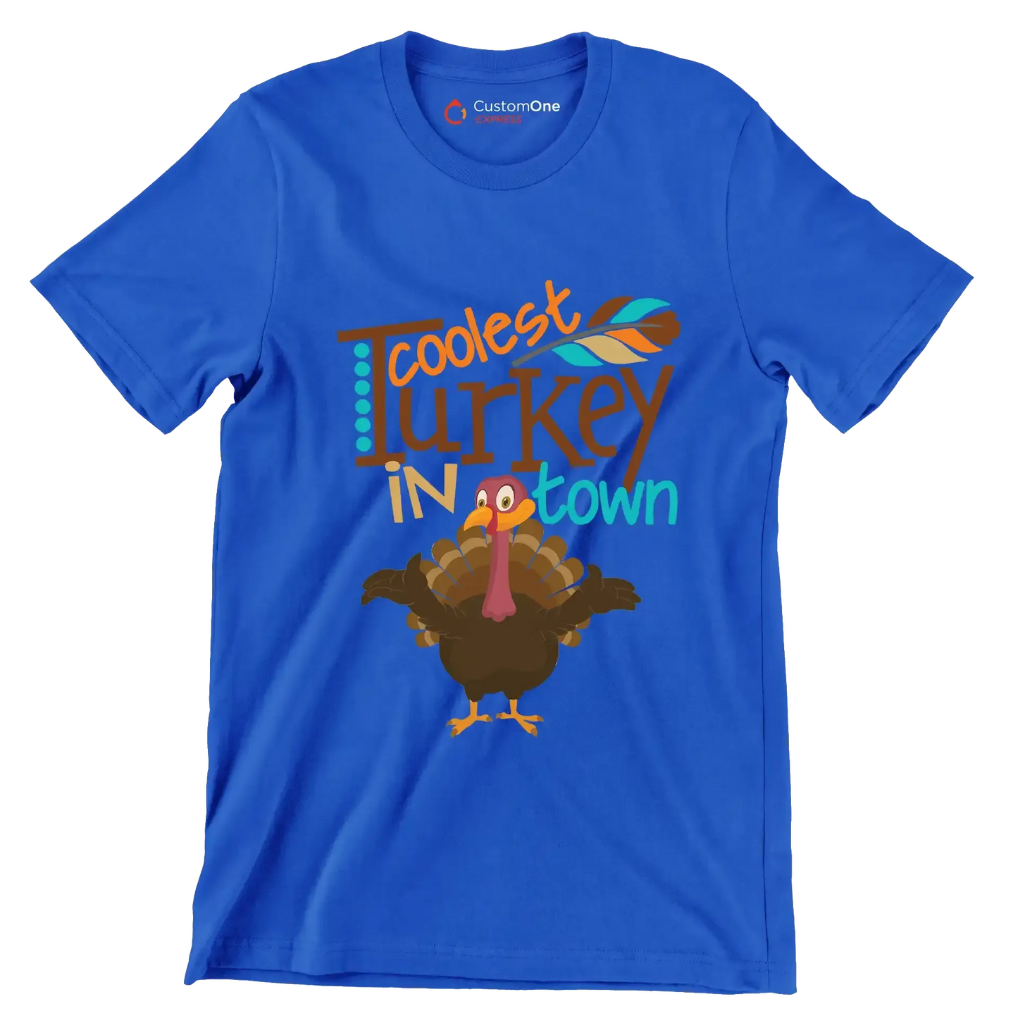 Coolest Turkey In Town - Thanksgiving Themed T-Shirt-Blue-S-Custom One Express