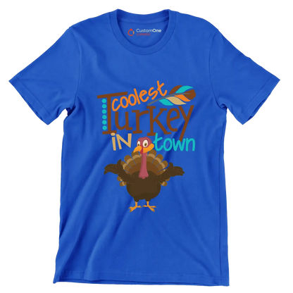 Coolest Turkey In Town - Thanksgiving Themed T-Shirt-Blue-S-Custom One Express
