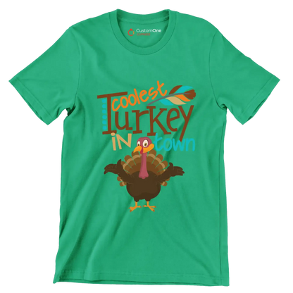 Coolest Turkey In Town - Thanksgiving Themed T-Shirt-Green-S-Custom One Express