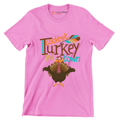 Coolest Turkey In Town - Thanksgiving Themed T-Shirt-Pink-S-Custom One Express