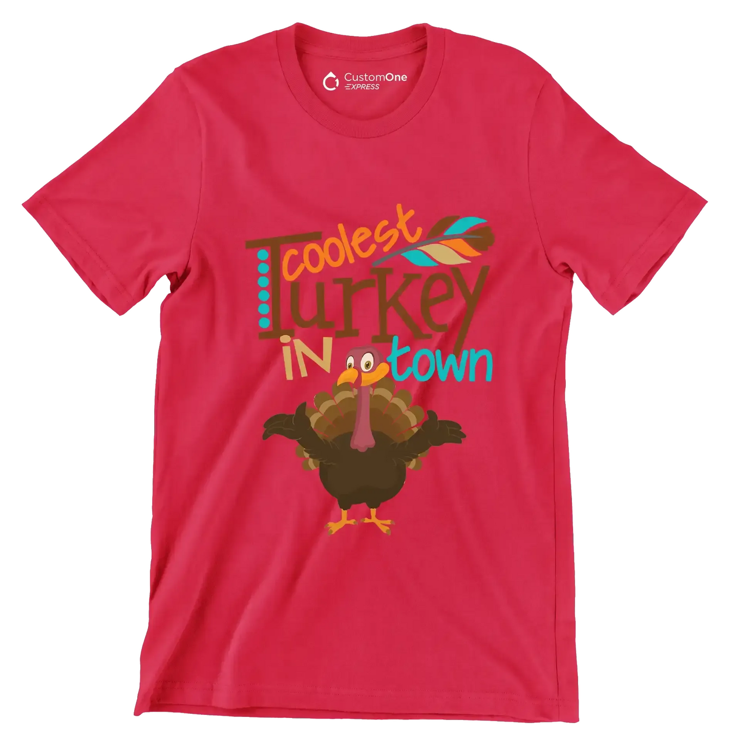 Coolest Turkey In Town - Thanksgiving Themed T-Shirt-Red-S-Custom One Express