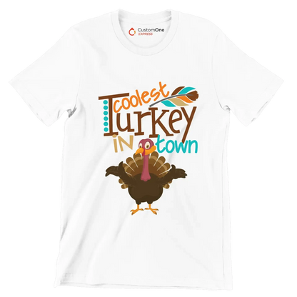 Coolest Turkey In Town - Thanksgiving Themed T-Shirt-White-S-Custom One Express
