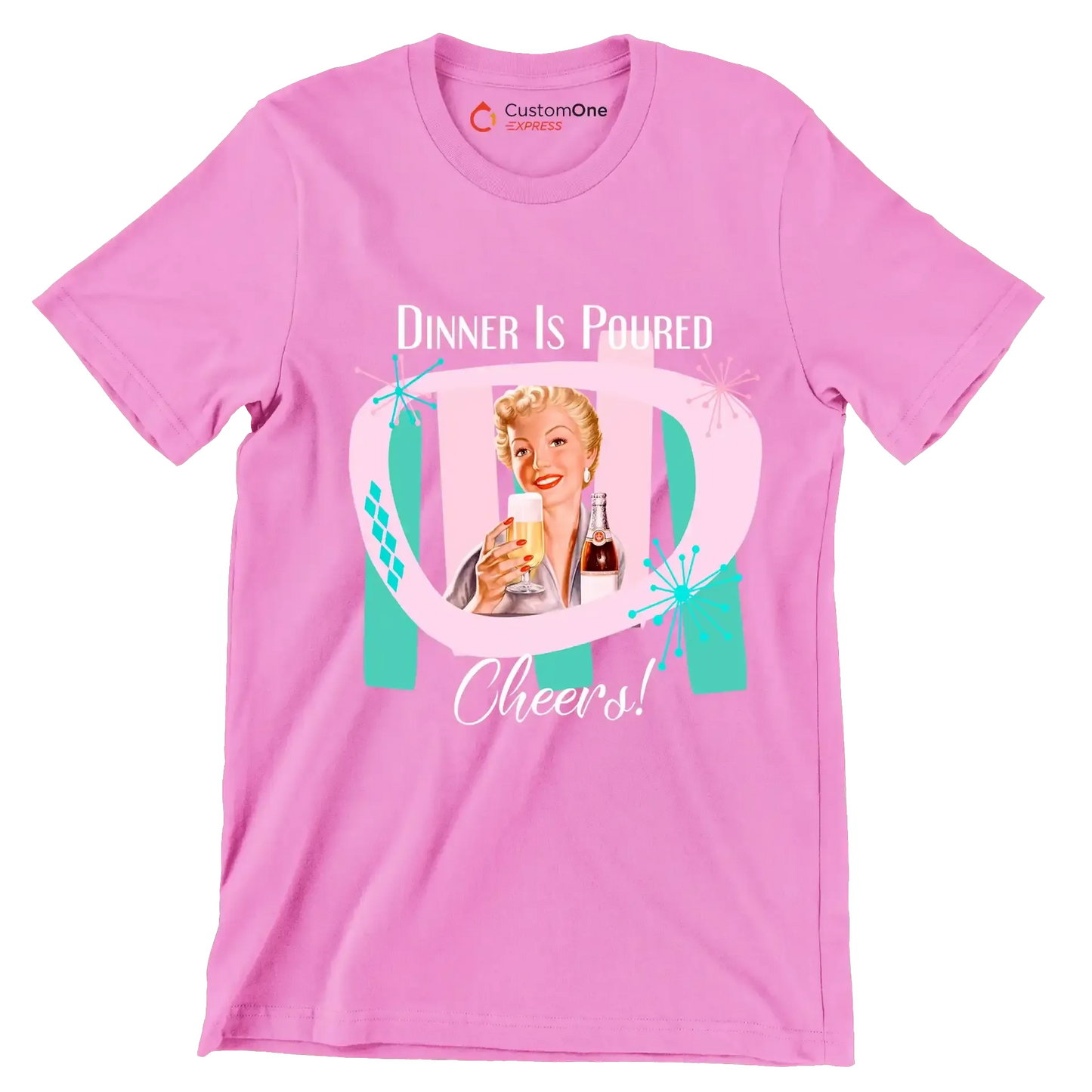Dinner is poured cheers! - Retro Themed T-Shirt-Pink-S-Custom One Express