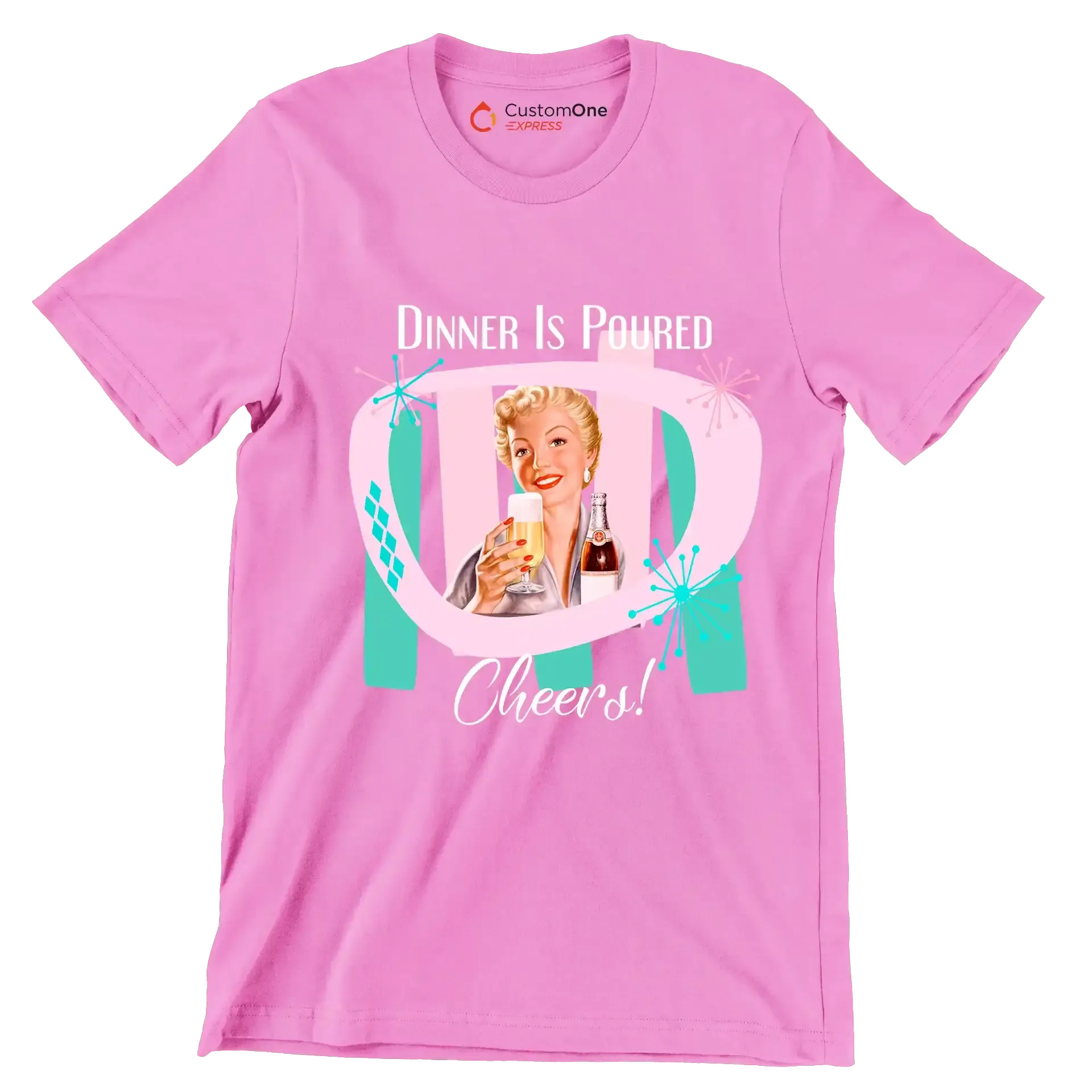 Dinner is poured cheers! - Retro Themed T-Shirt-Pink-S-Custom One Express