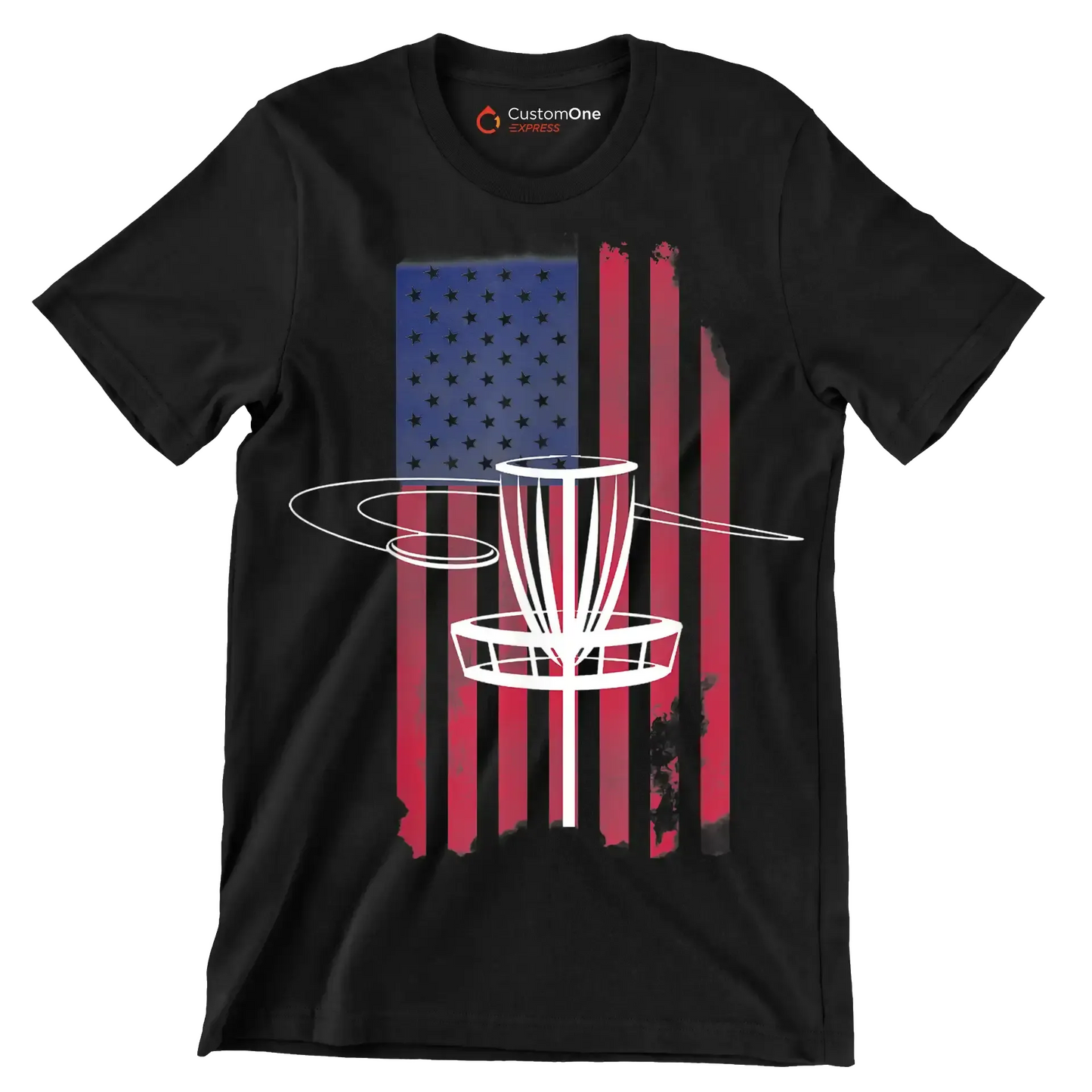 Disc Golf Basket with American Flag - Golf Themed T-Shirt-Black-S-Custom One Express