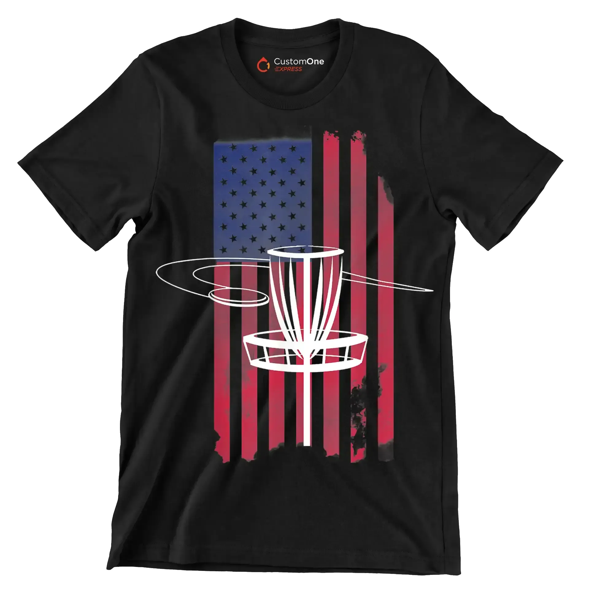 Disc Golf Basket with American Flag - Golf Themed T-Shirt-Black-S-Custom One Express