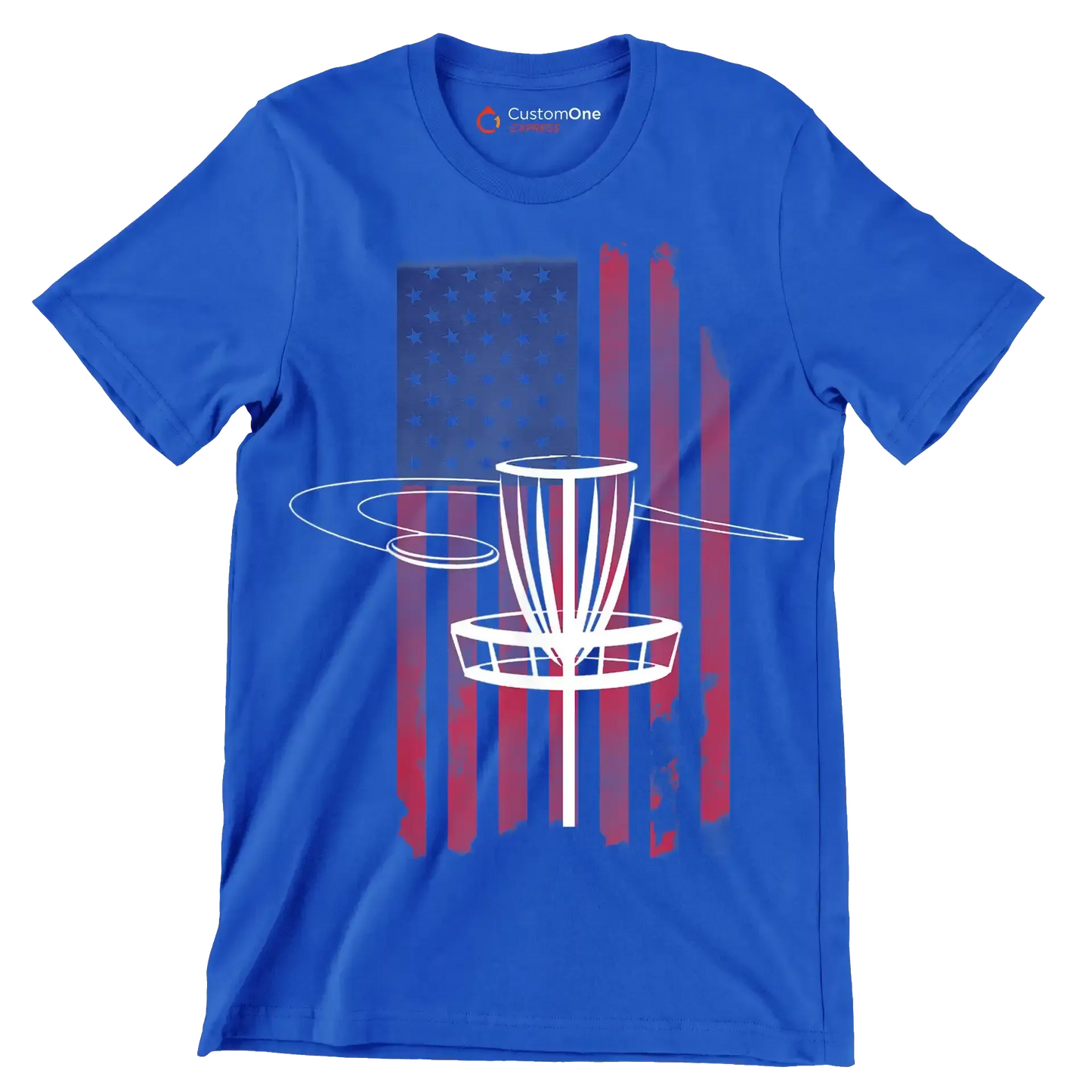 Disc Golf Basket with American Flag - Golf Themed T-Shirt-Blue-S-Custom One Express
