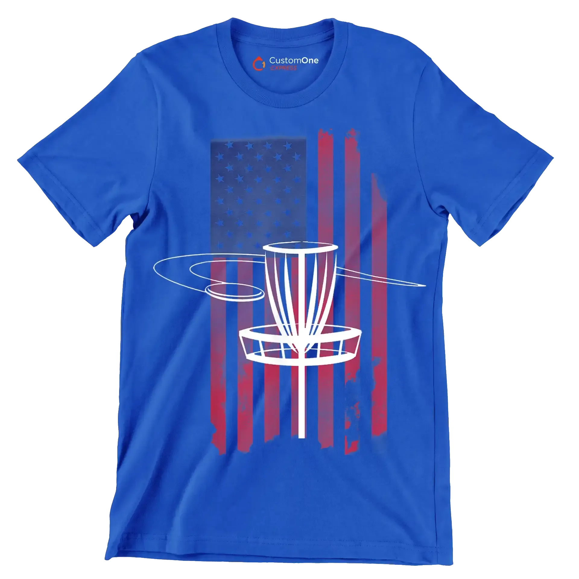 Disc Golf Basket with American Flag - Golf Themed T-Shirt-Blue-S-Custom One Express