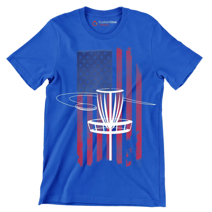 Disc Golf Basket with American Flag - Golf Themed T-Shirt-Blue-S-Custom One Express