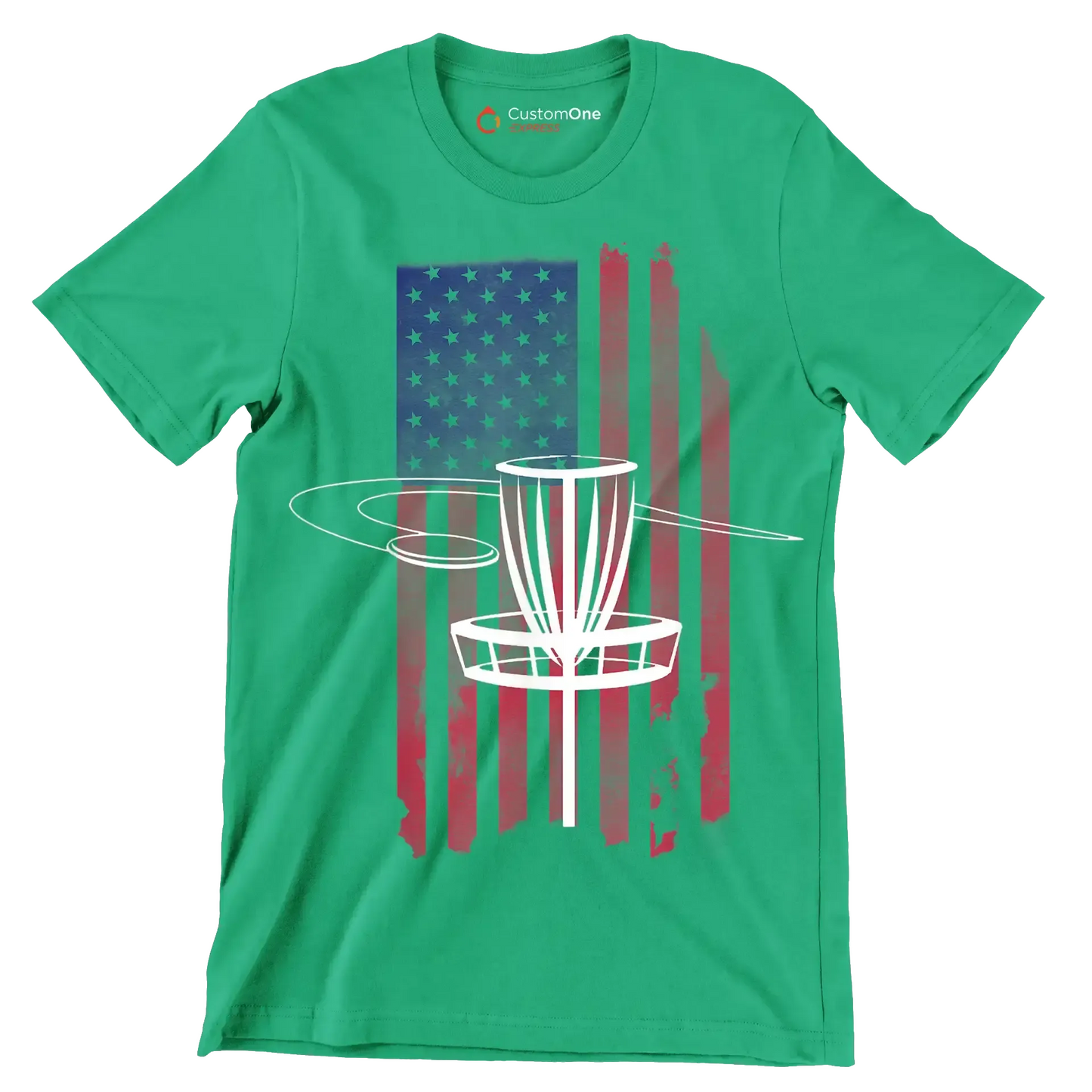 Disc Golf Basket with American Flag - Golf Themed T-Shirt-Green-S-Custom One Express