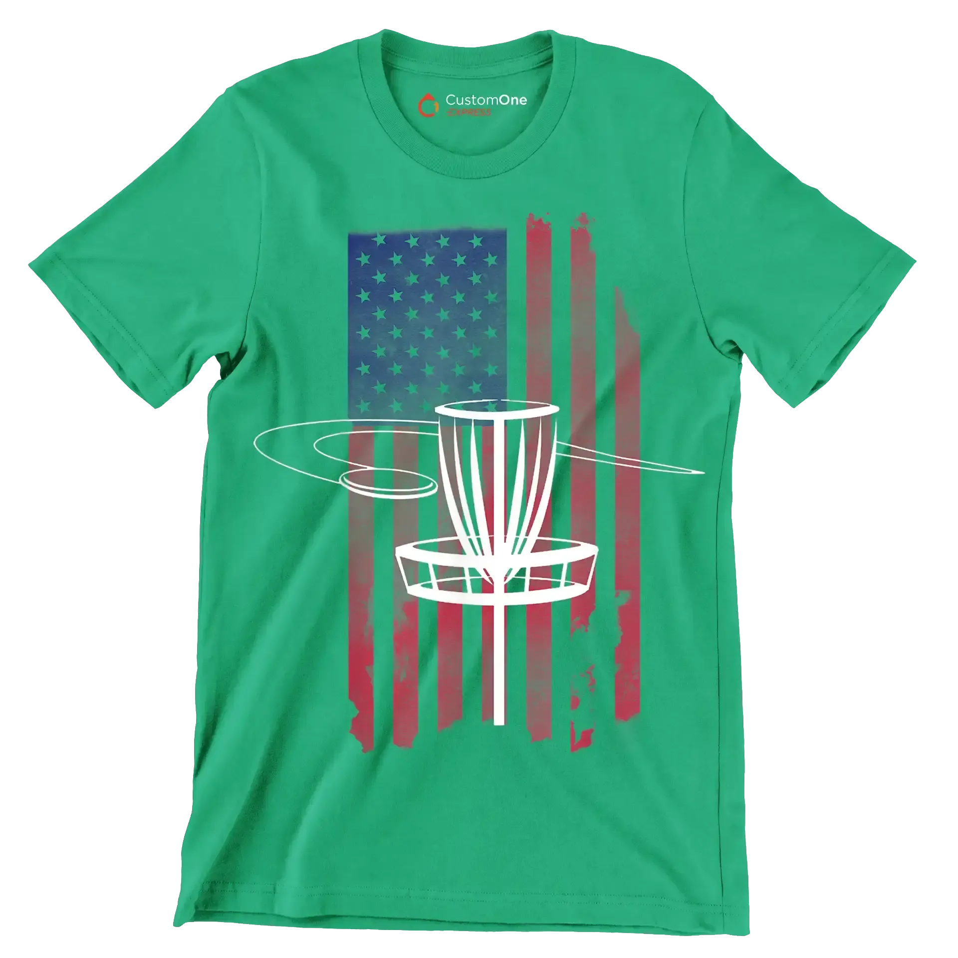 Disc Golf Basket with American Flag - Golf Themed T-Shirt-Green-S-Custom One Express