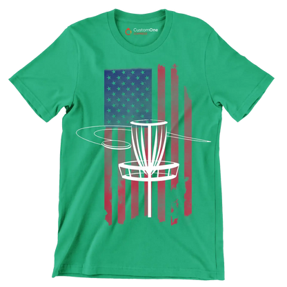 Disc Golf Basket with American Flag - Golf Themed T-Shirt-Green-S-Custom One Express