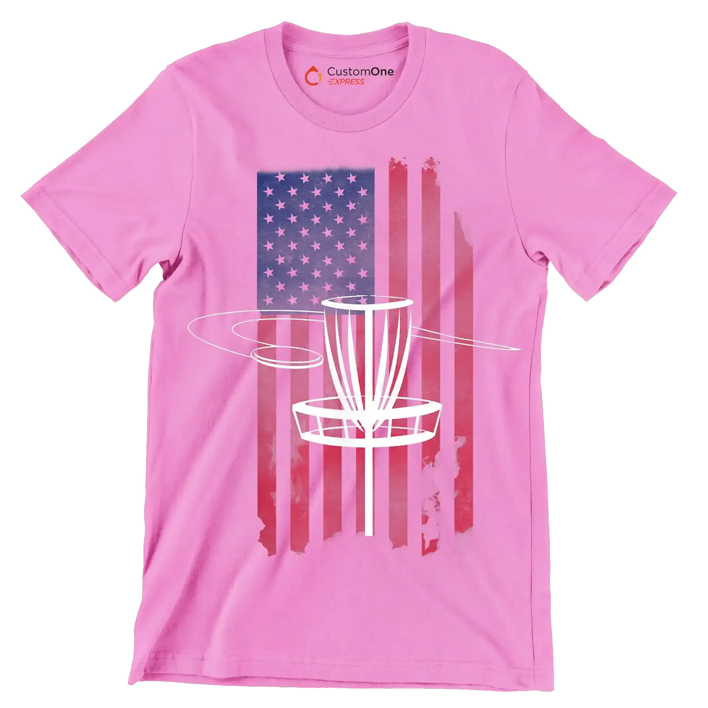 Disc Golf Basket with American Flag - Golf Themed T-Shirt-Pink-S-Custom One Express