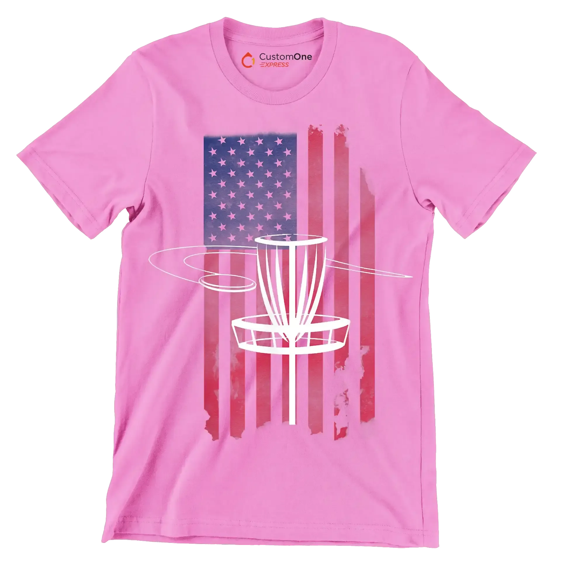 Disc Golf Basket with American Flag - Golf Themed T-Shirt-Pink-S-Custom One Express