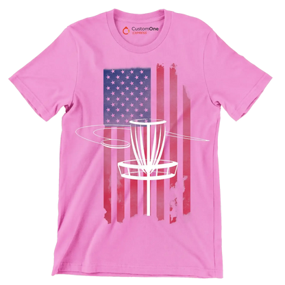 Disc Golf Basket with American Flag - Golf Themed T-Shirt-Pink-S-Custom One Express