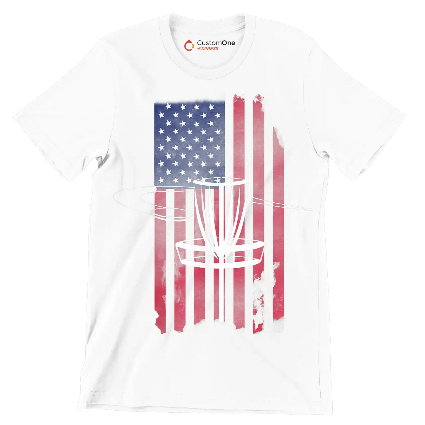 Disc Golf Basket with American Flag - Golf Themed T-Shirt-White-S-Custom One Express
