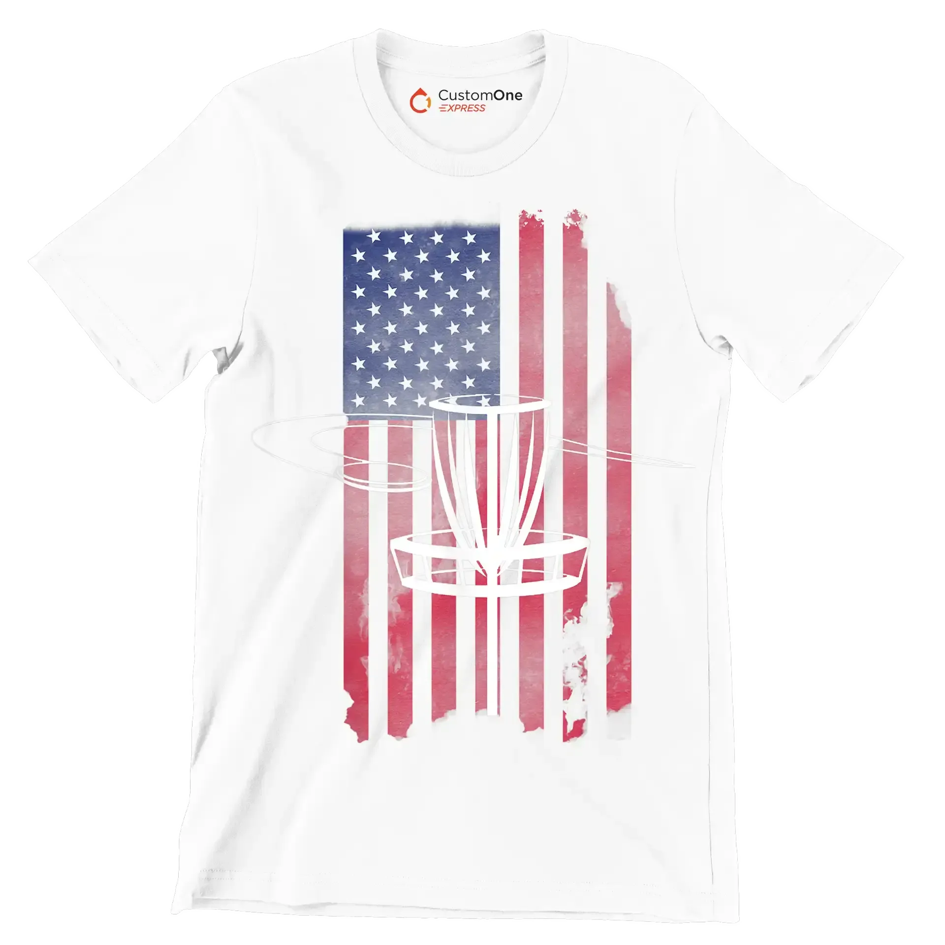 Disc Golf Basket with American Flag - Golf Themed T-Shirt-White-S-Custom One Express