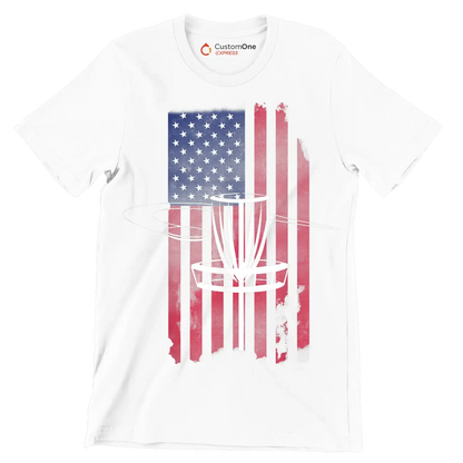 Disc Golf Basket with American Flag - Golf Themed T-Shirt-White-S-Custom One Express