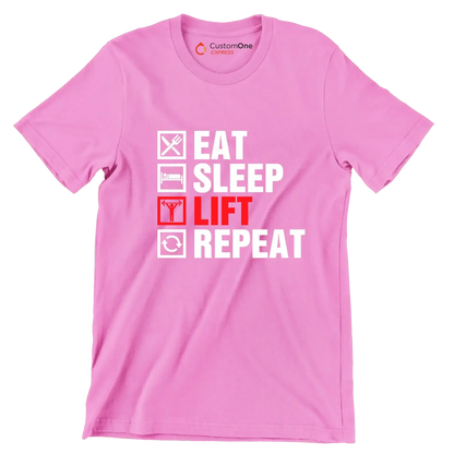 Eat Sleep Lift Repeat - Gym Themed T-Shirt-Pink-S-Custom One Express