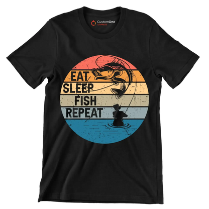 Eat sleep fish repeat - Fishing Themed T-Shirt-Black-S-Custom One Express