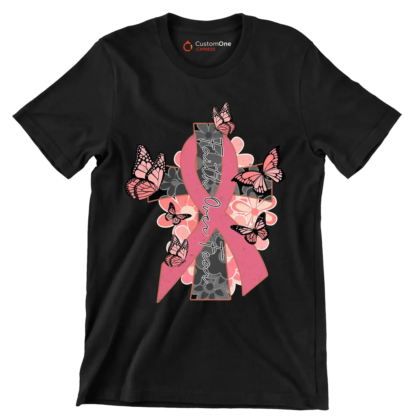 Faigth Over Fear - Breast Cancer Awareness T-Shirt-Black-S-Custom One Express