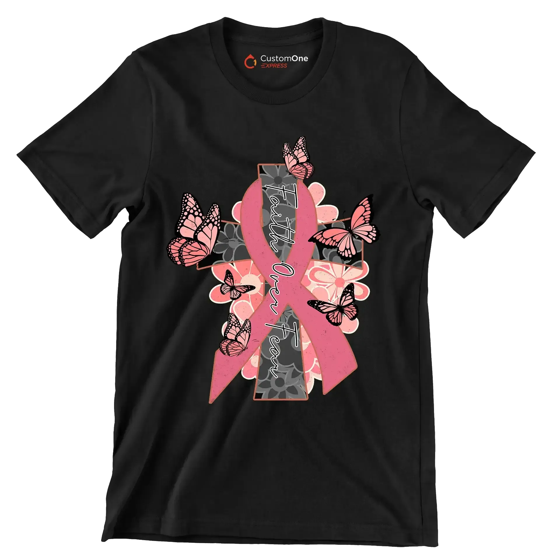 Faigth Over Fear - Breast Cancer Awareness T-Shirt-Black-S-Custom One Express