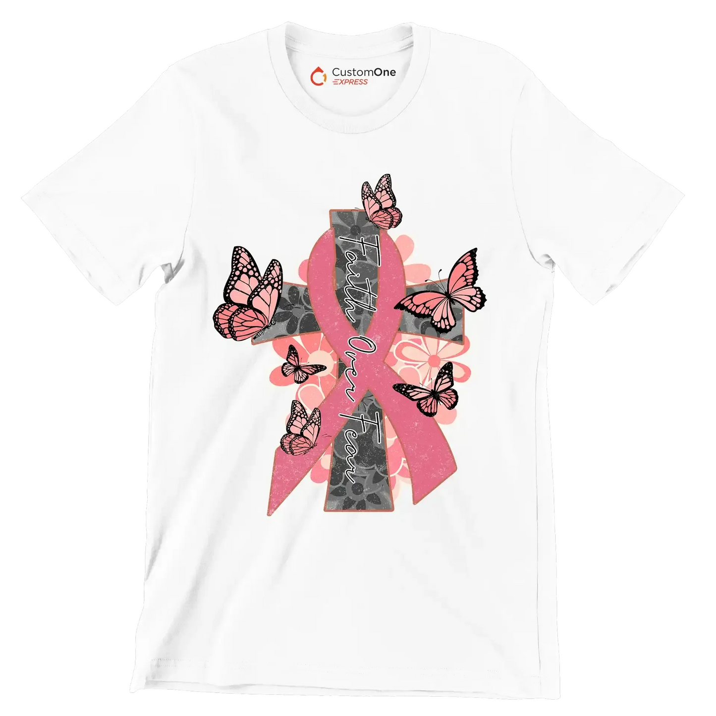 Faigth Over Fear - Breast Cancer Awareness T-Shirt-White-S-Custom One Express