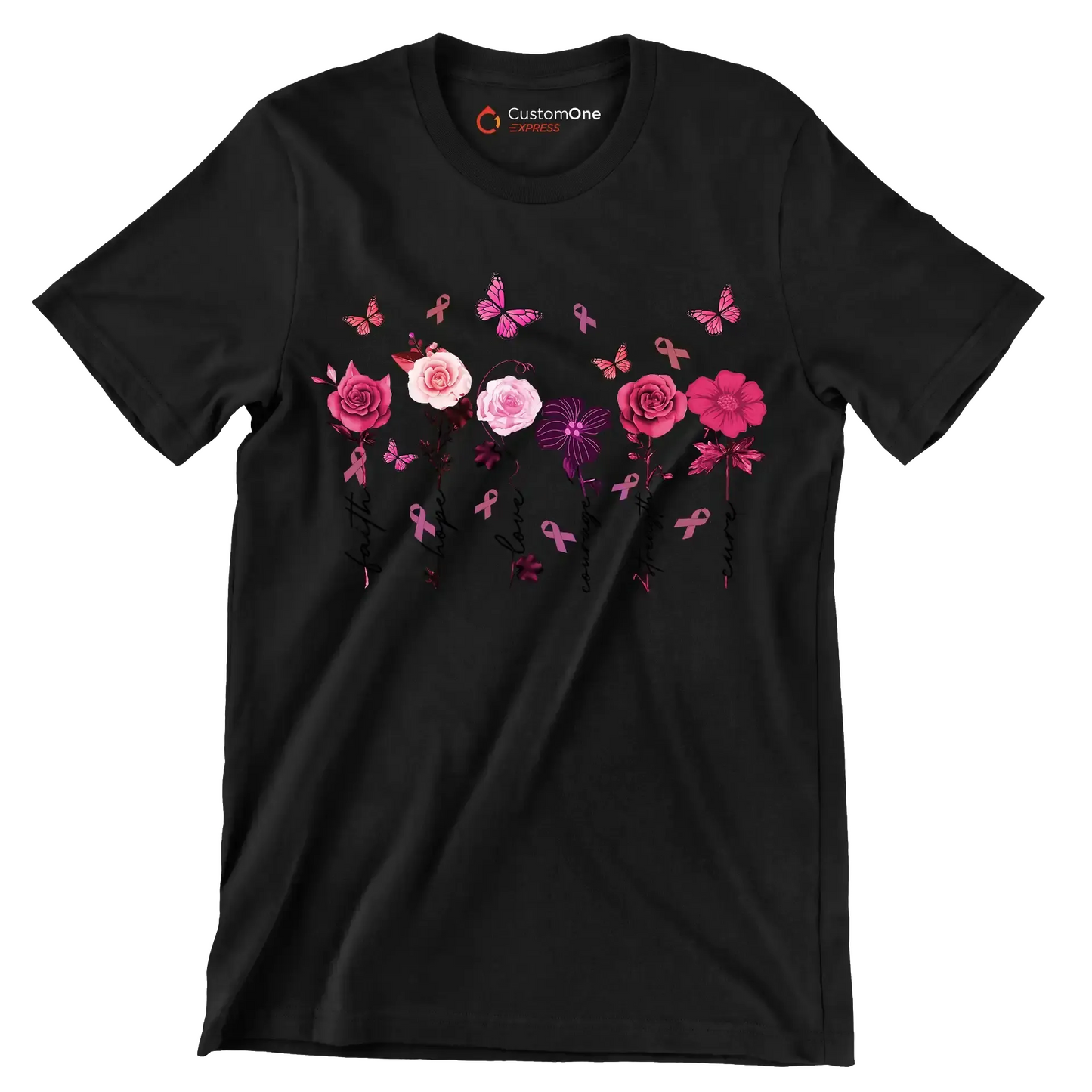 Faith Hope Love courage Strength Cure - Breast Cancer Awareness T-Shirt-Black-S-Custom One Express