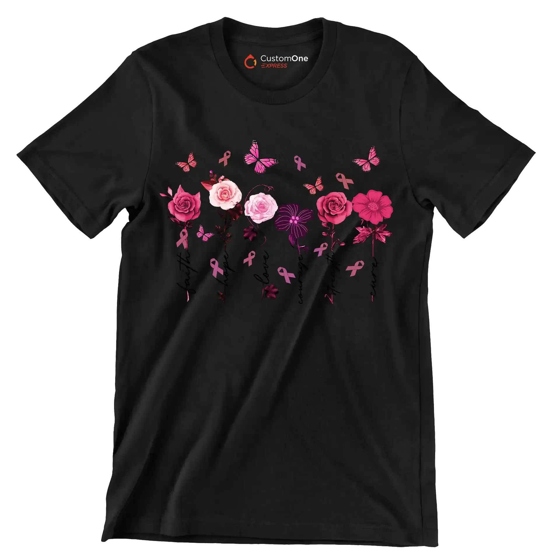 Faith Hope Love courage Strength Cure - Breast Cancer Awareness T-Shirt-Black-S-Custom One Express