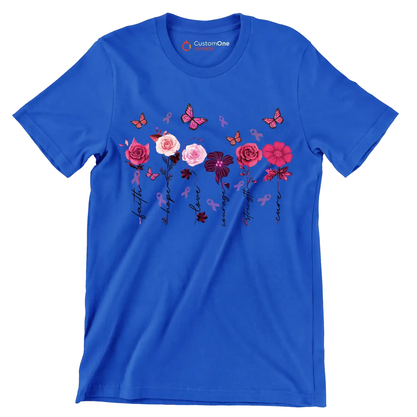 Faith Hope Love courage Strength Cure - Breast Cancer Awareness T-Shirt-Blue-S-Custom One Express