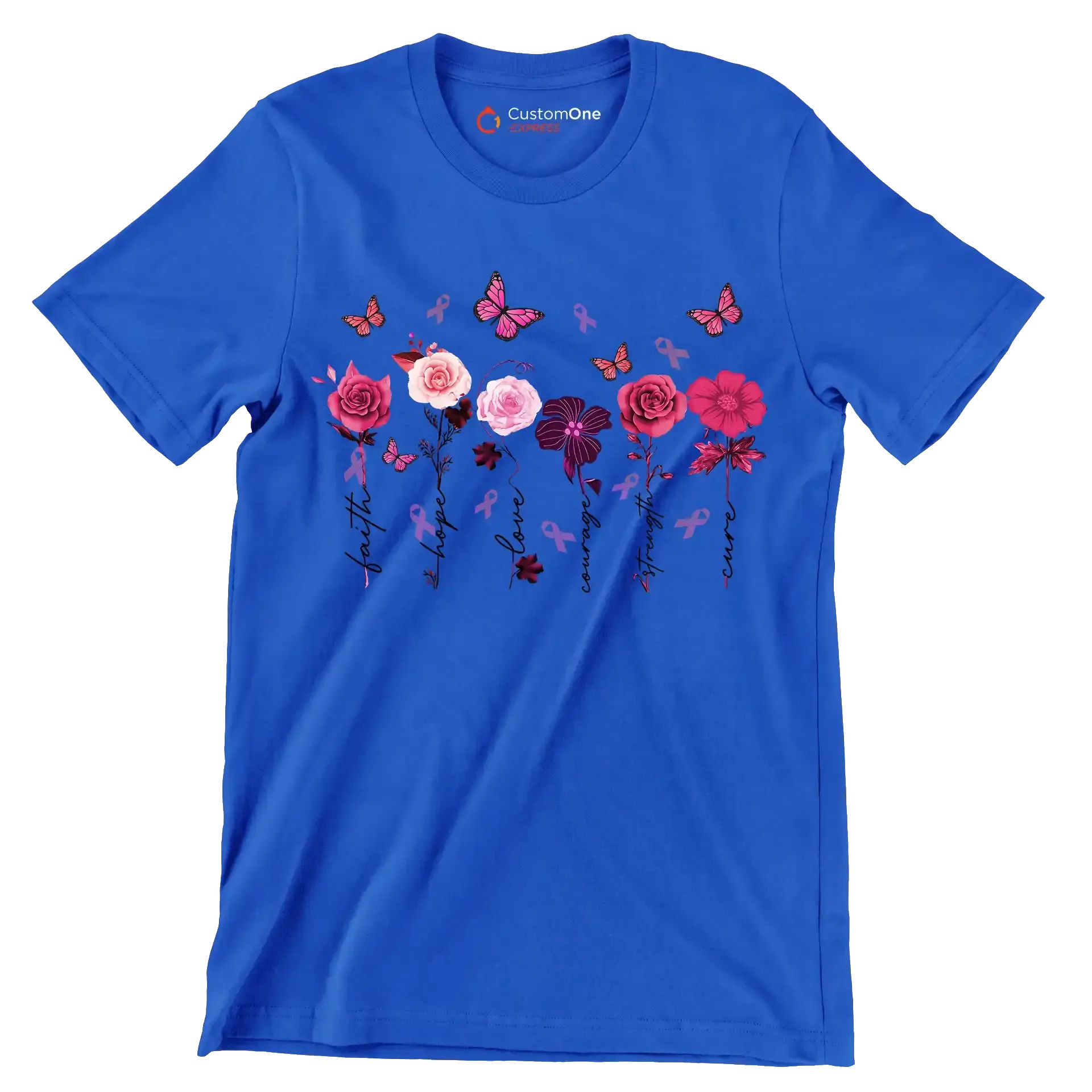 Faith Hope Love courage Strength Cure - Breast Cancer Awareness T-Shirt-Blue-S-Custom One Express