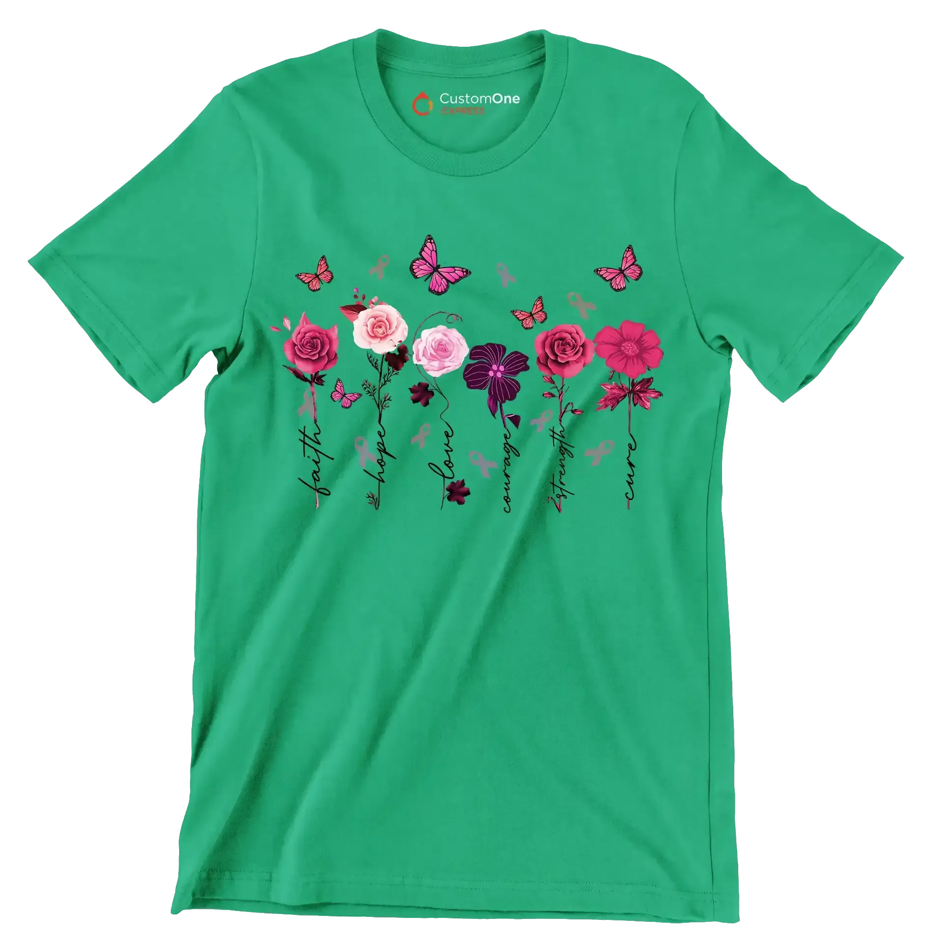 Faith Hope Love courage Strength Cure - Breast Cancer Awareness T-Shirt-Green-S-Custom One Express
