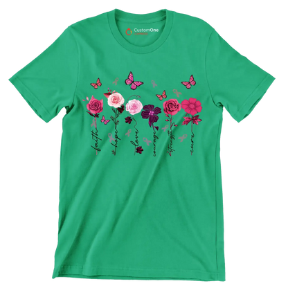 Faith Hope Love courage Strength Cure - Breast Cancer Awareness T-Shirt-Green-S-Custom One Express