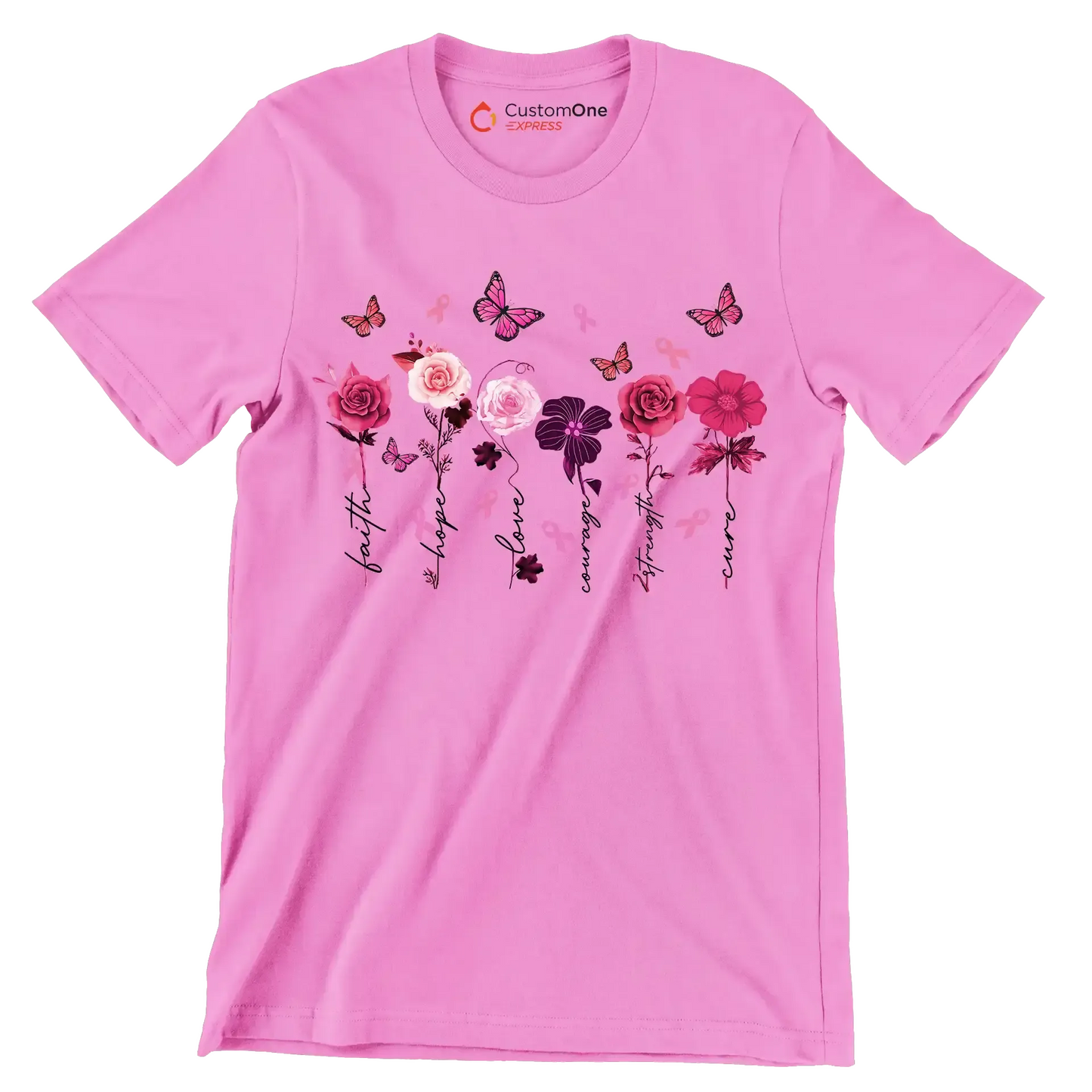 Faith Hope Love courage Strength Cure - Breast Cancer Awareness T-Shirt-Pink-S-Custom One Express