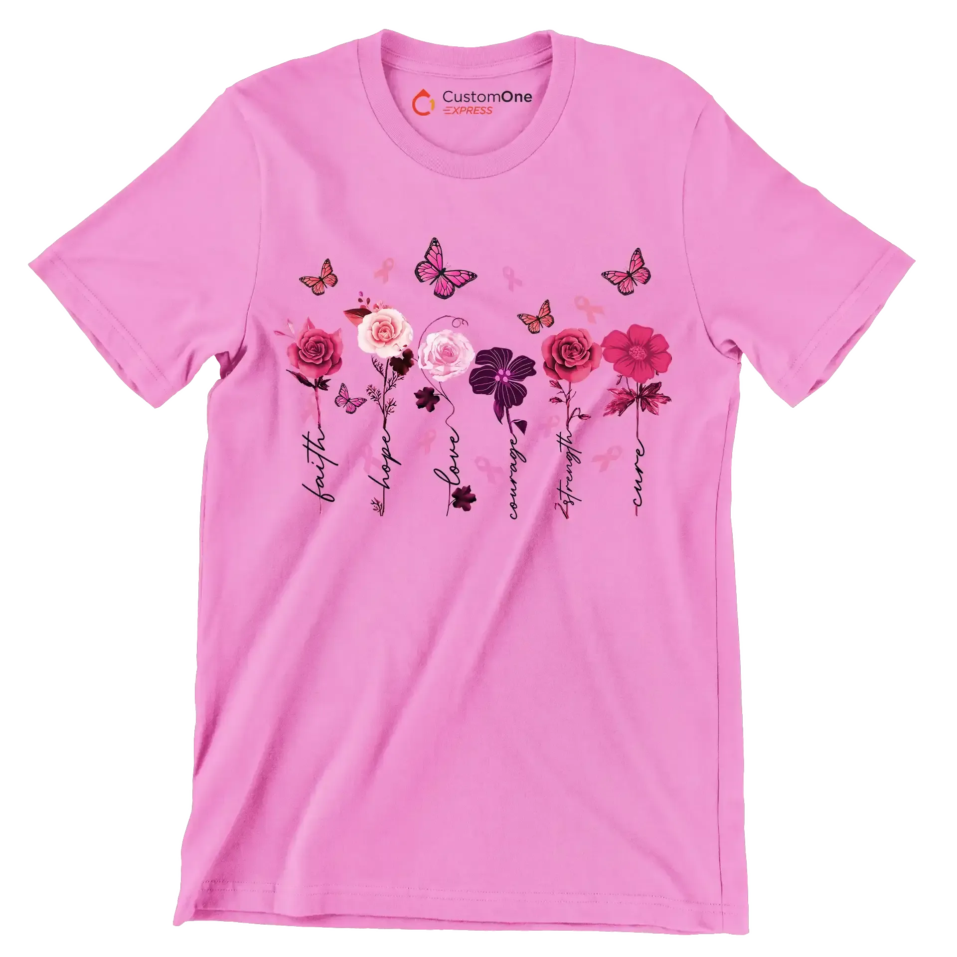 Faith Hope Love courage Strength Cure - Breast Cancer Awareness T-Shirt-Pink-S-Custom One Express