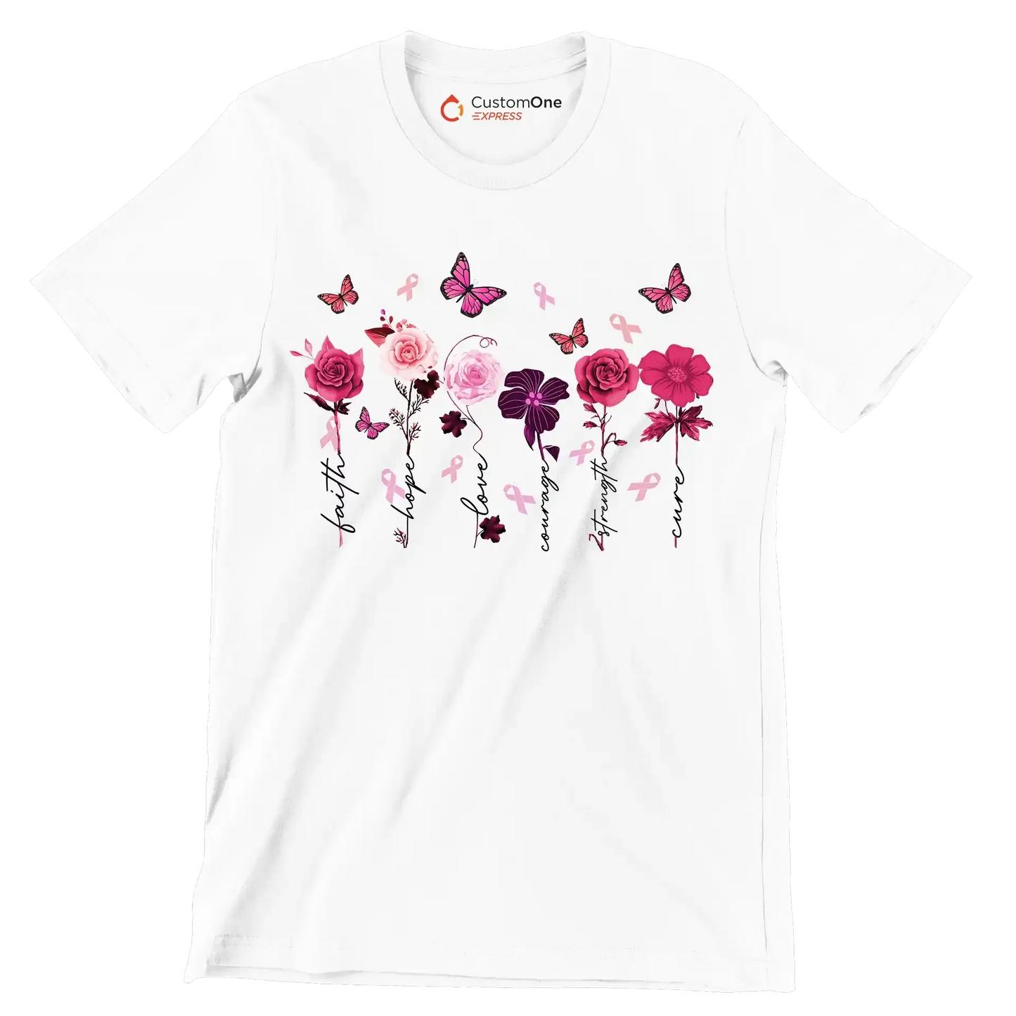 Faith Hope Love courage Strength Cure - Breast Cancer Awareness T-Shirt-White-S-Custom One Express