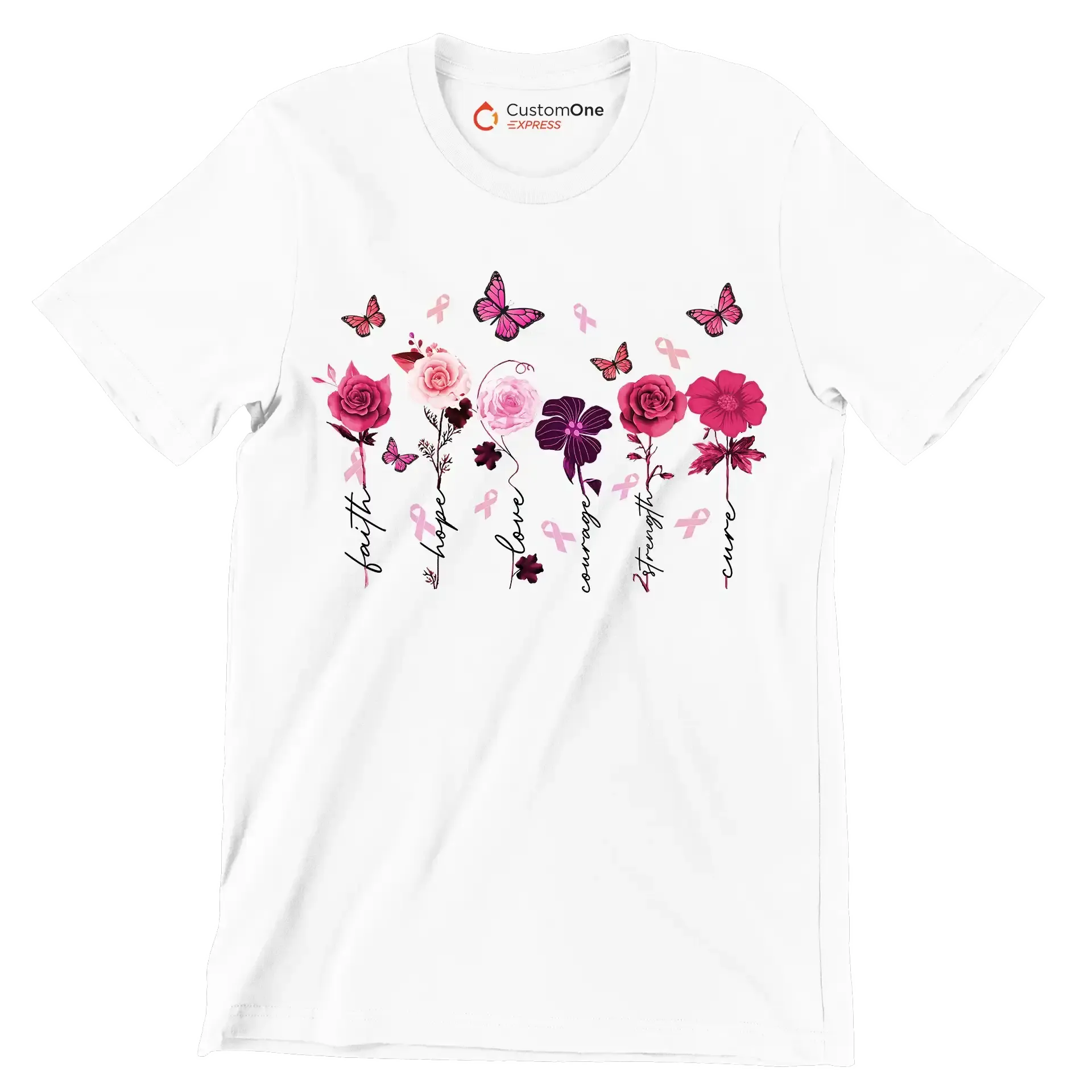 Faith Hope Love courage Strength Cure - Breast Cancer Awareness T-Shirt-White-S-Custom One Express