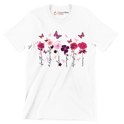 Faith Hope Love courage Strength Cure - Breast Cancer Awareness T-Shirt-White-S-Custom One Express
