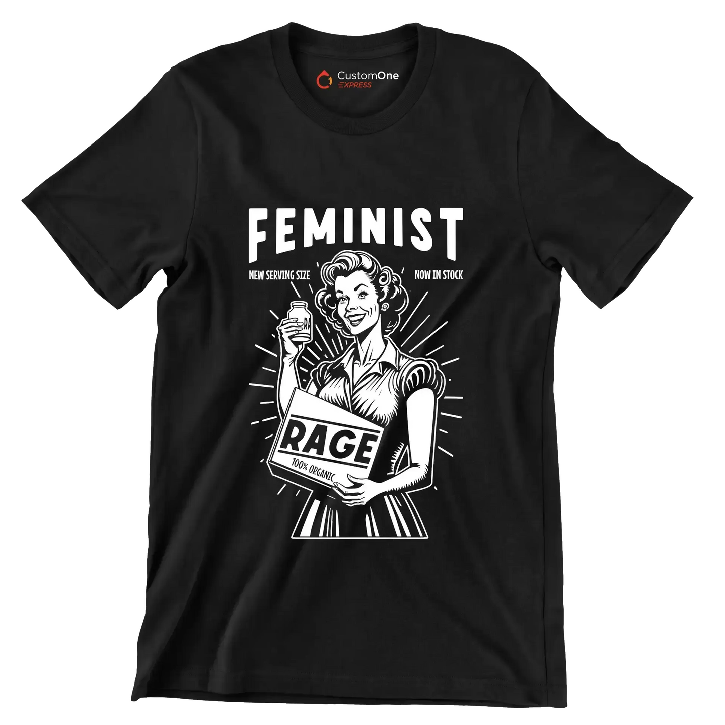 Feminist new serving size now in stock 100% organic rage - Retro Themed T-Shirt-Black-S-Custom One Express
