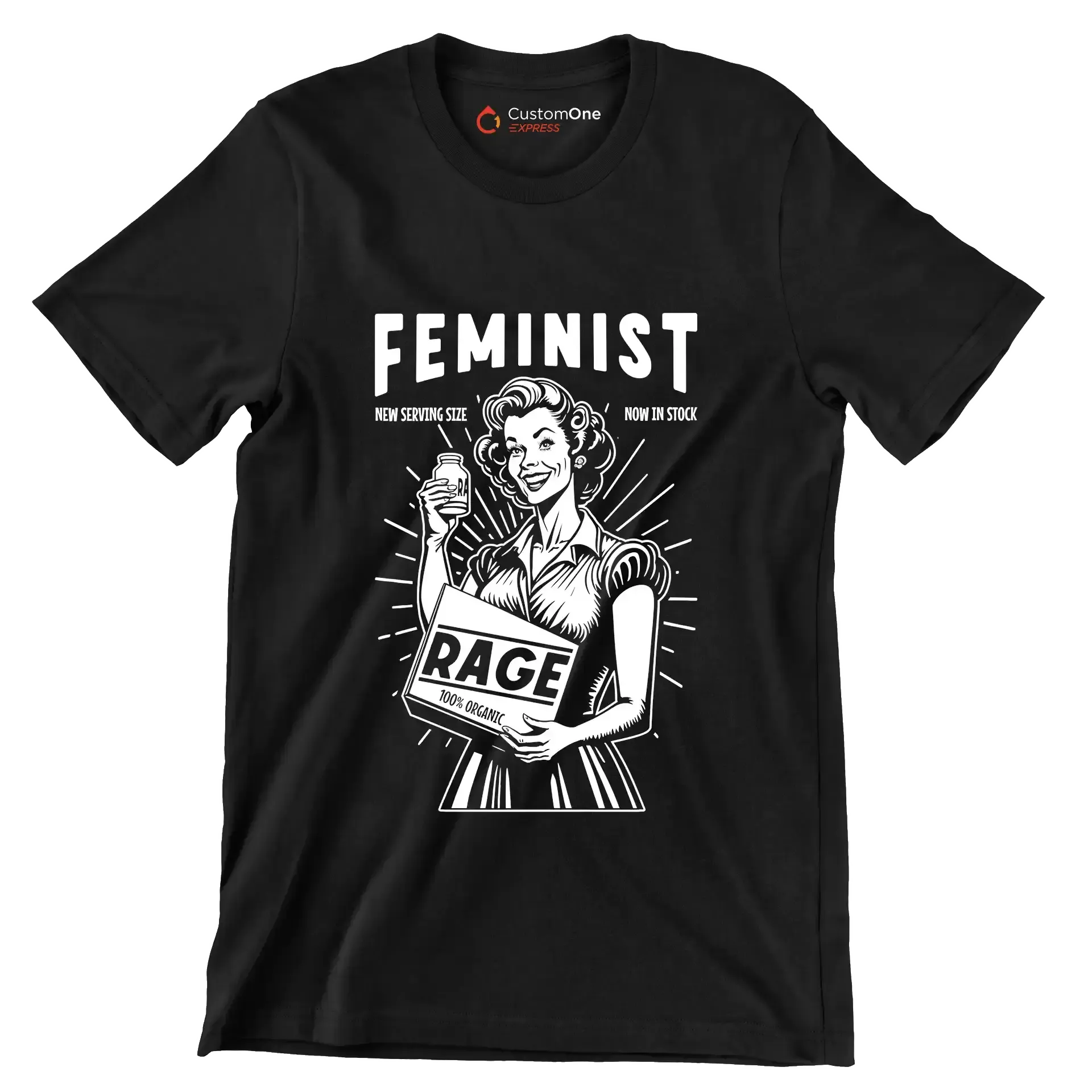 Feminist new serving size now in stock 100% organic rage - Retro Themed T-Shirt-Black-S-Custom One Express