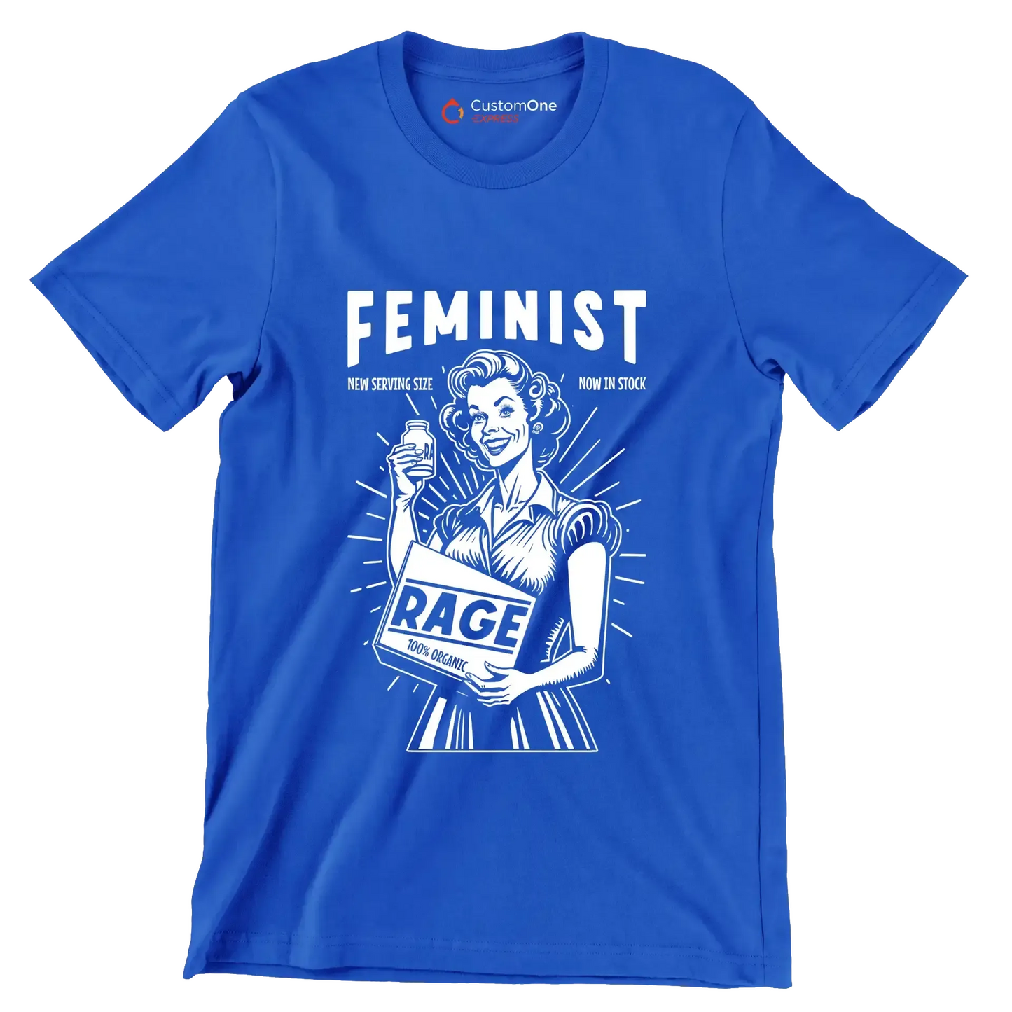 Feminist new serving size now in stock 100% organic rage - Retro Themed T-Shirt-Blue-S-Custom One Express