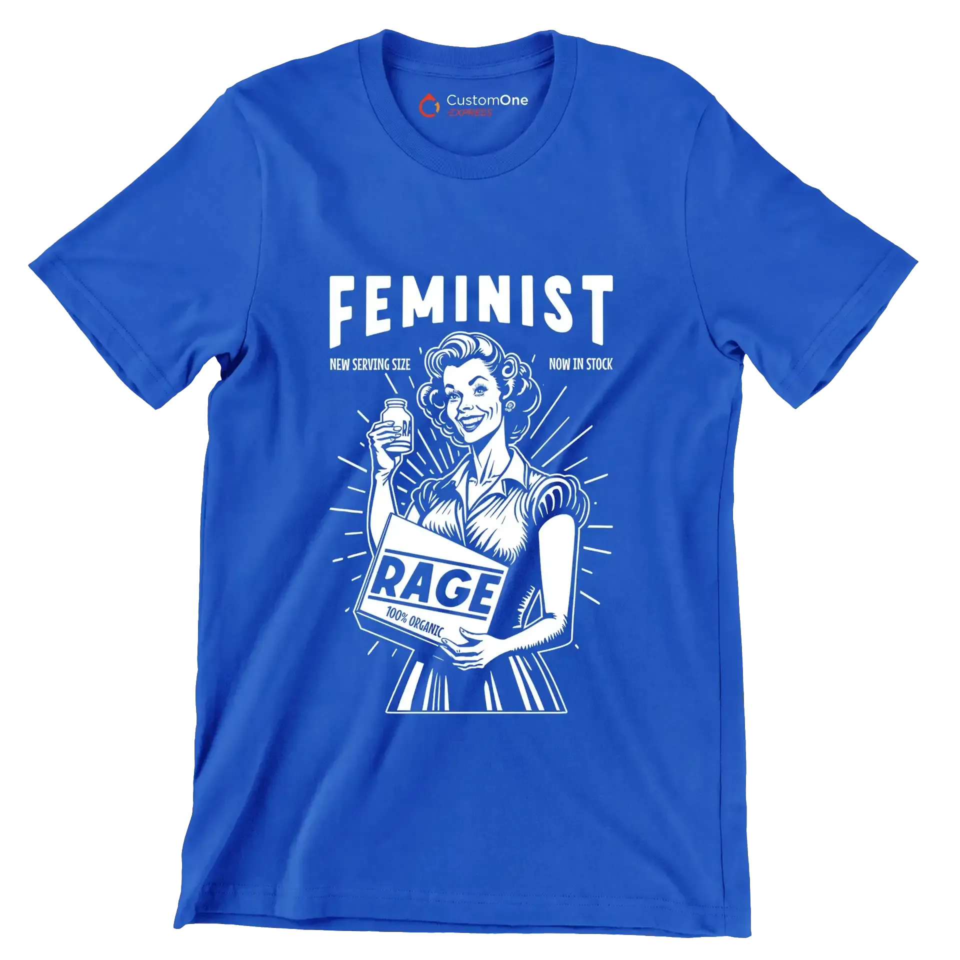 Feminist new serving size now in stock 100% organic rage - Retro Themed T-Shirt-Blue-S-Custom One Express