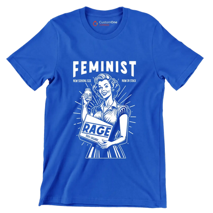 Feminist new serving size now in stock 100% organic rage - Retro Themed T-Shirt-Blue-S-Custom One Express