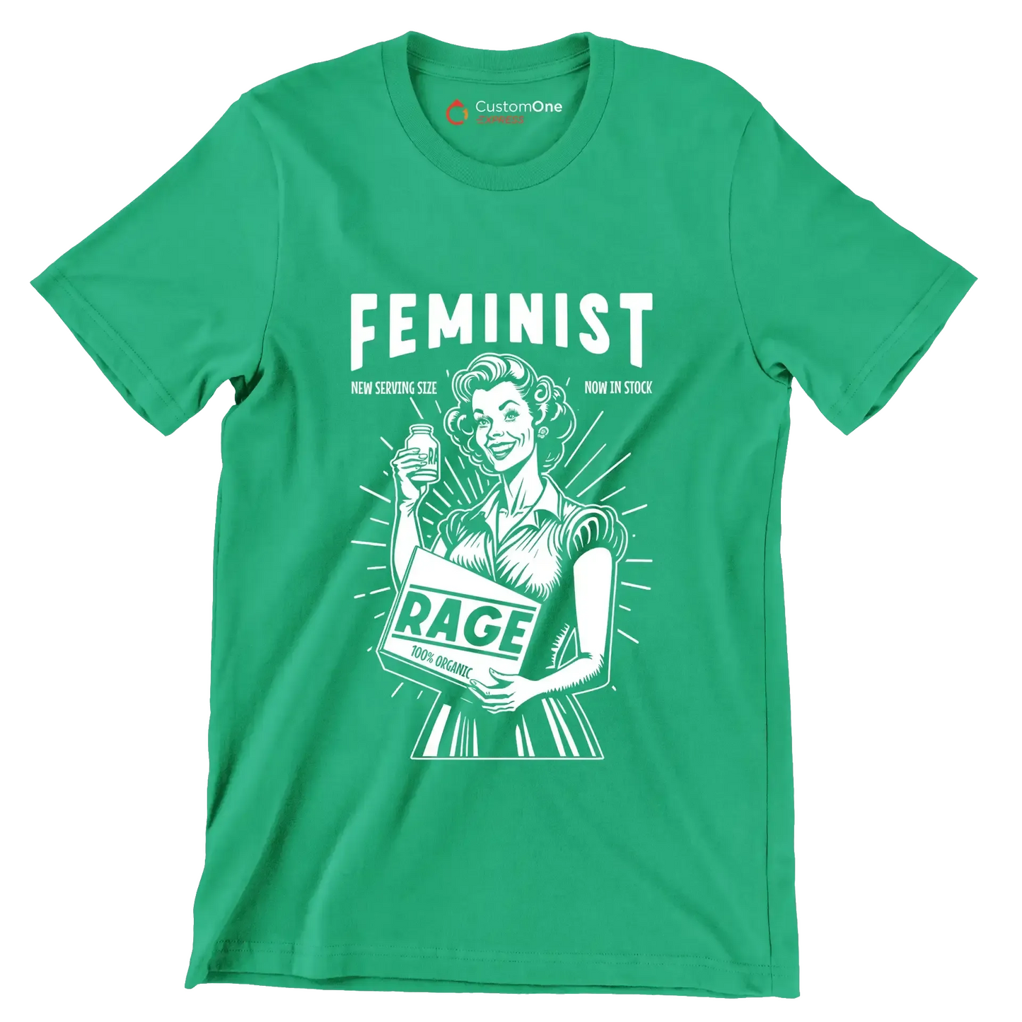 Feminist new serving size now in stock 100% organic rage - Retro Themed T-Shirt-Green-S-Custom One Express
