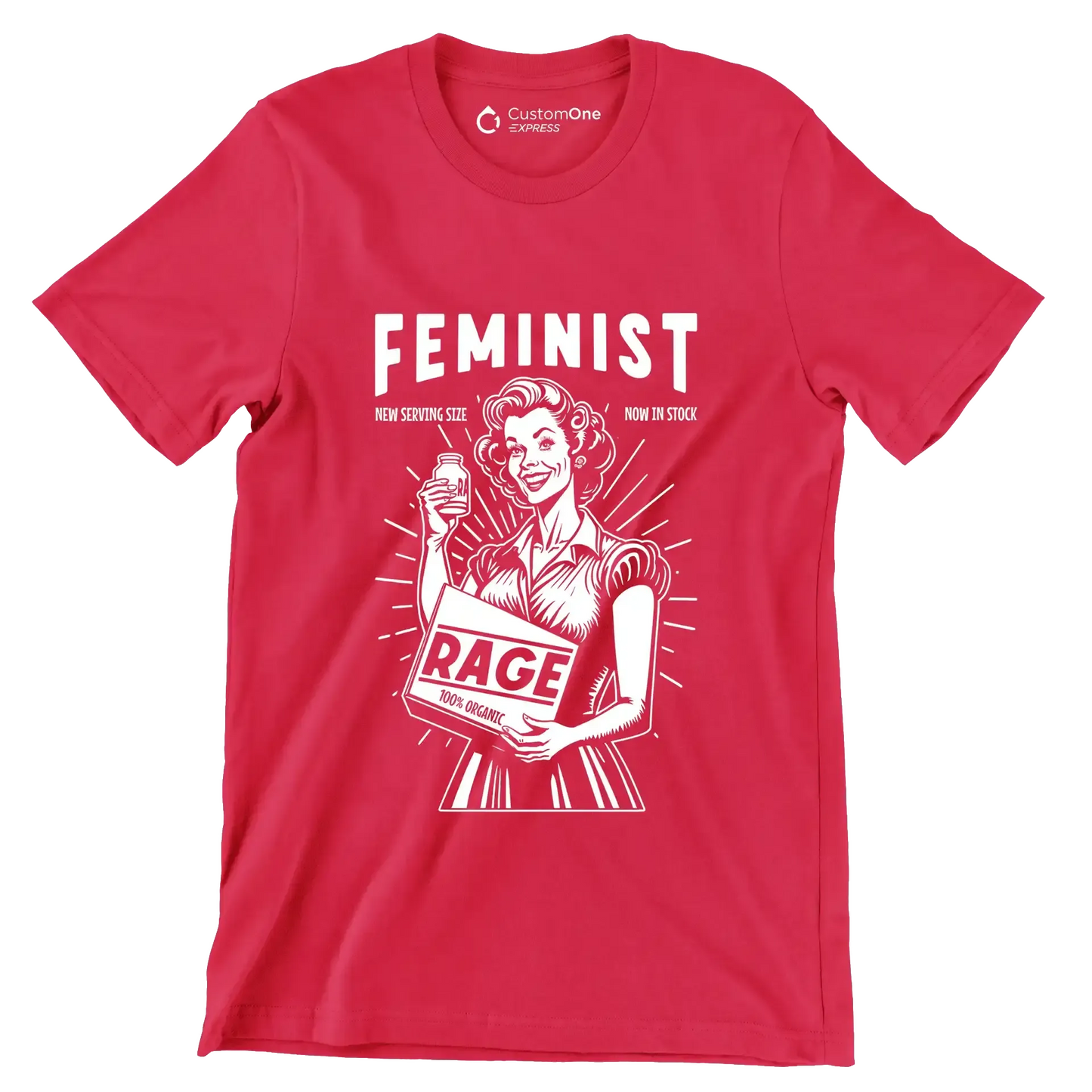 Feminist new serving size now in stock 100% organic rage - Retro Themed T-Shirt-Red-S-Custom One Express