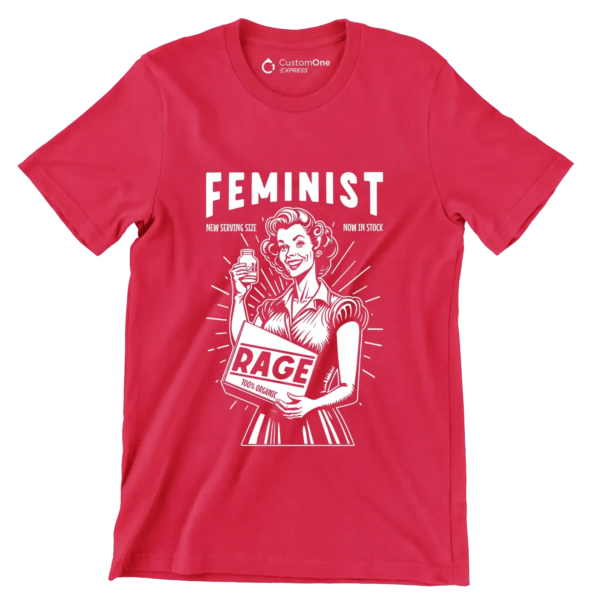 Feminist new serving size now in stock 100% organic rage - Retro Themed T-Shirt-Red-S-Custom One Express