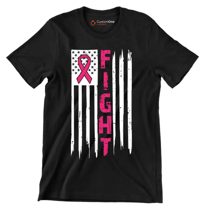 Fight Pink Ribbon American Flag - Breast Cancer Awareness T-Shirt-Black-S-Custom One Express