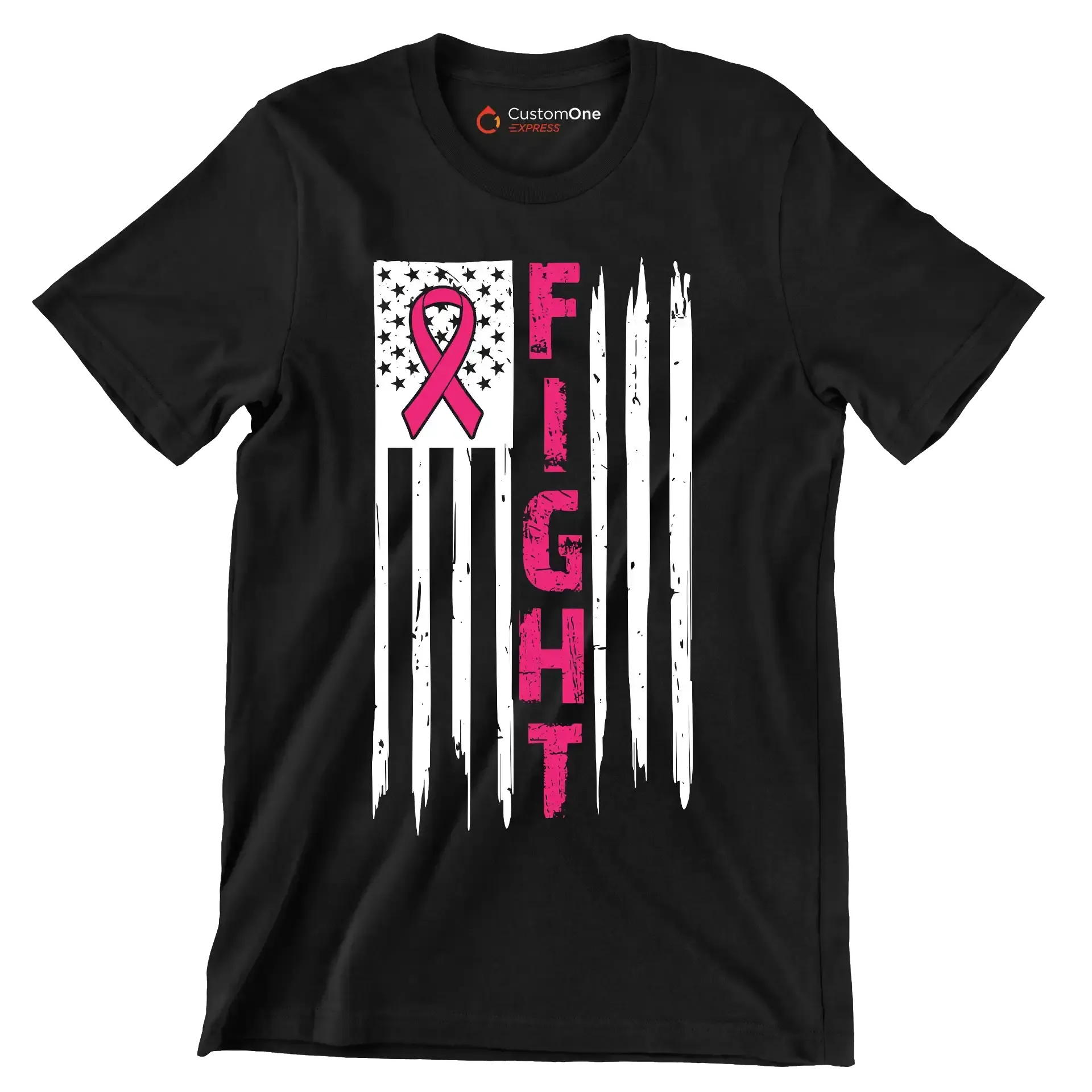 Fight Pink Ribbon American Flag - Breast Cancer Awareness T-Shirt-Black-S-Custom One Express