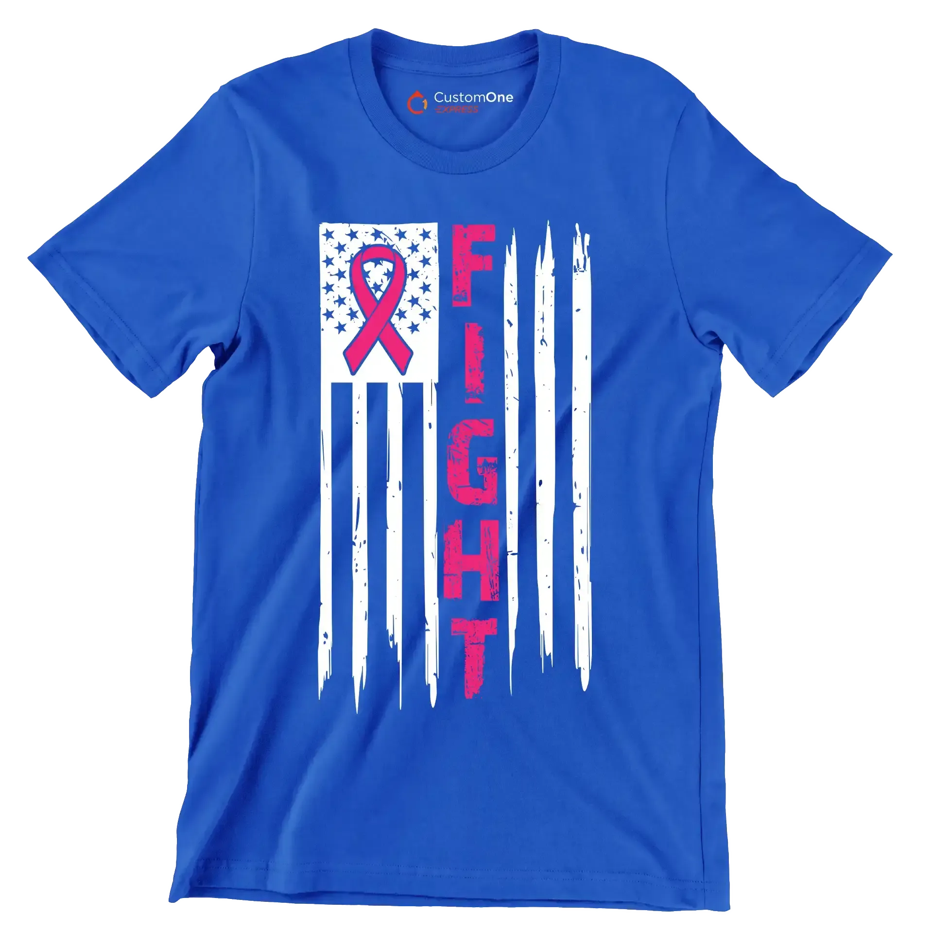 Fight Pink Ribbon American Flag - Breast Cancer Awareness T-Shirt-Blue-S-Custom One Express