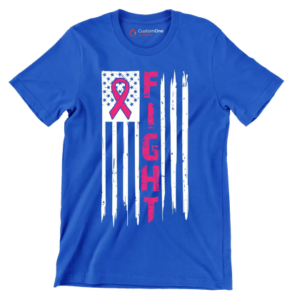 Fight Pink Ribbon American Flag - Breast Cancer Awareness T-Shirt-Blue-S-Custom One Express